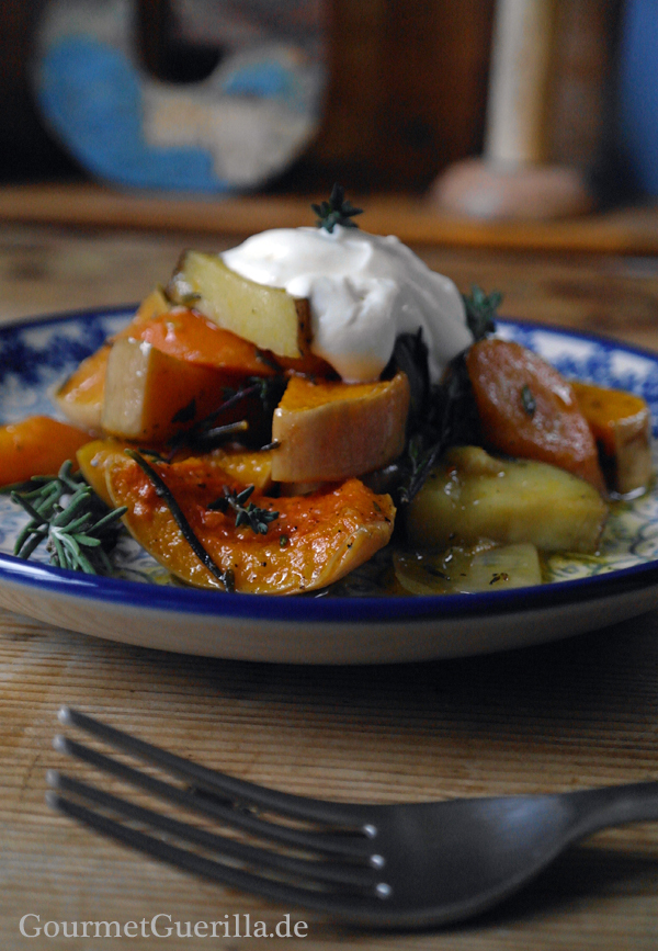 Schusterkarbonade with butternut squash, carrot, potato and goat dip